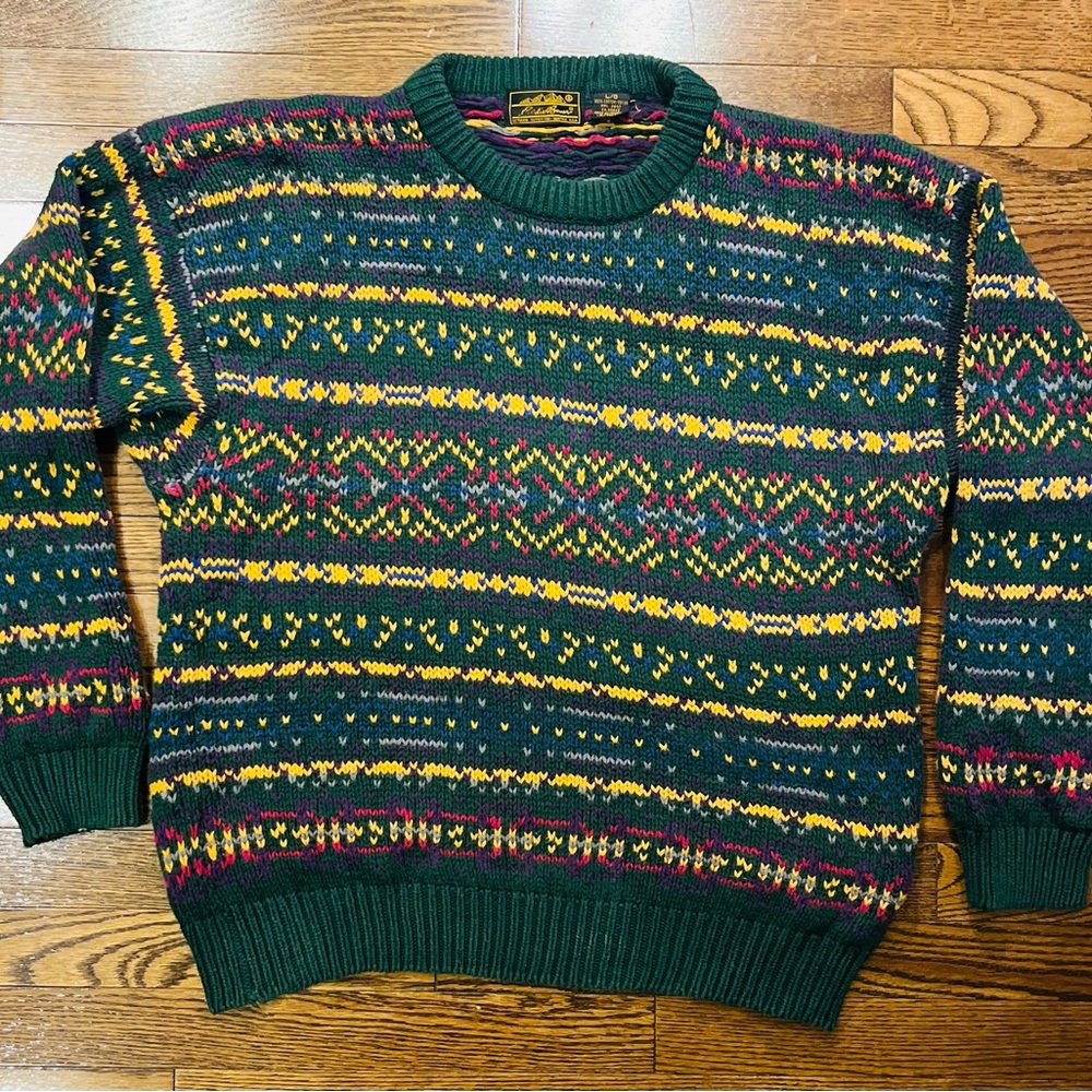 Eddie Bauer Men's Sweater - Green, Yellow, Red Pattern